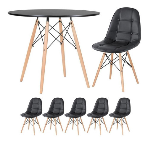 Kit Mesa Jantar Eames Wood 90 Cm E 5 Cadeiras Eames Botonê Cor Da Tampa Mesa Preto Com Cadeiras Preto