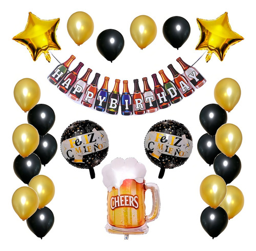 Globos Decorativos Fiesta Cumpleaños Kit Oro Negro Botella