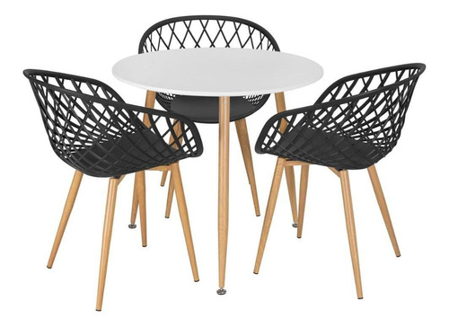 Mesa Jantar Redonda 80 Cm Branco + 3 Cadeiras Clarice Nest Cor Preto