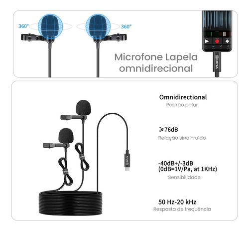 Microfones Duplo Lapela Boya By-m3d Conector Usb-c Android Cor Preto