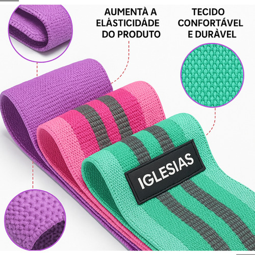 Kit 3 Faixas Elásticas de Resistência Hip Bands para Exercícios Funcionais Academia Fisioterapia Iglesias Utilidades