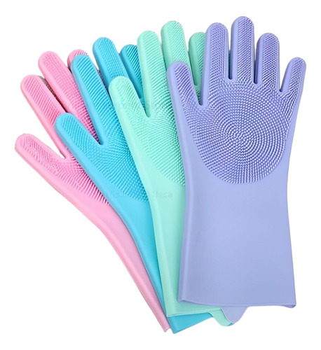 Par De Guantes Silicona Esponja Limpieza Cocina Mascotas Celeste