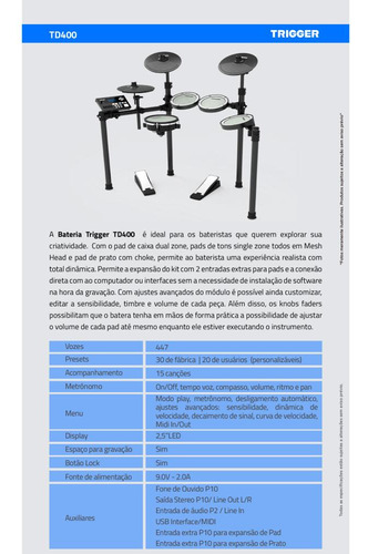 Bateria Eletrônica Trigger Td-400 Completa Display De Led