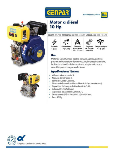 Motor Agricola Diesel 10hp Eje Std 1 3600 Rpm Genpar Drop