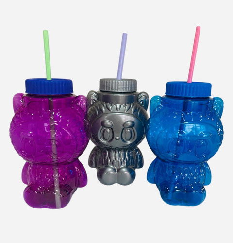 5 Vasos Forma Labubu Fiesta Bebida Plástico Tapa Popote 18cm Aleatorio