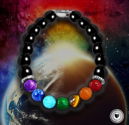 Pulsera 7 Chakras Piedras Naturales Y Terminales Plata .925 Negro 20 Cm