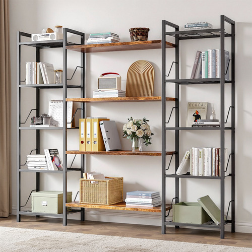 Librero Minimalista De Metal Con 5 Niveles Organizador 160cm Madera Oscura Y Negro