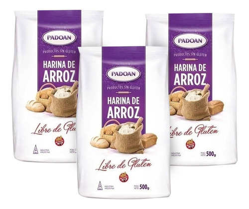 Harina De Arroz Libre Gluten Sin Tacc Padoan 500g Pack X3