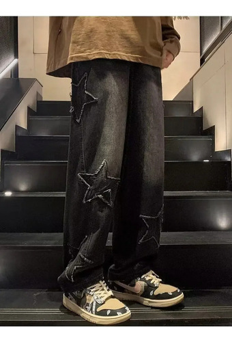 Tk Calça Jeans Larga Com Corte Solto E Estampa