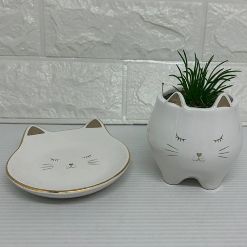 Conjunto Vasinho E Pratinho Porta Jóia Gatinho