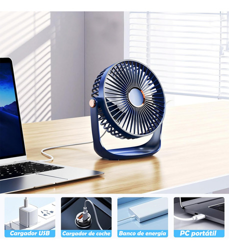 Ventilador De Escritorio Recargable Con Luz Nocturna Usb 16 Cm Azul