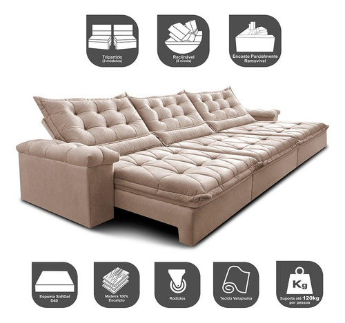 Sofá Retrátil 3,55m Cama Inbox Big Fresh. Com Softgel d40 Cor Bege