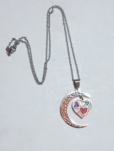 Conjunto Dije Media Luna Con Dije Corazón Plateado Cadena