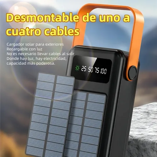 Batería Portátil Power Bank Solar 50000mah Cables Integrado Carga Rápida Impermeable Con Luz Led