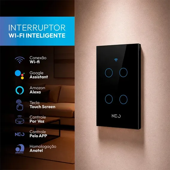 Interruptor Inteligente Smart Wi-fi 2.4 GHz Alexa google 4 Botões 4x2 Bivolt Preto Cod: 291990428 Neo Avant