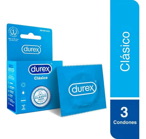 Durex Clásico Caja 3 Condones Preservativos Látex Lubricados