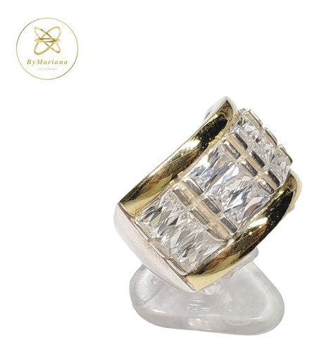 Imagen 3 de 9 de Anillo Plata Y Oro 4 Hileras Baguette Piedra Blanca