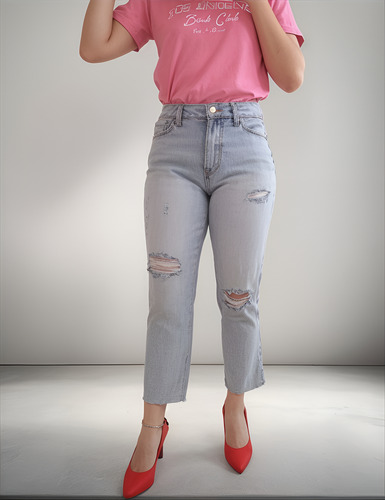Pantalon Mom Petite Jean Mezclilla Time And Tru 99 % Algodon