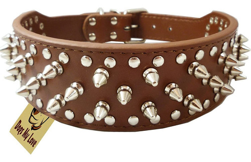 17 -20  Cafe Piel Sintetica Spiked Studded Perro Collar 2 