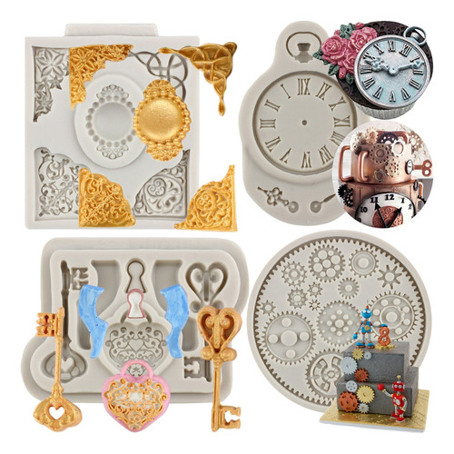 4pcs Molde De Silicona Engranaje Llave Reloj Fondant Resina Color Gris