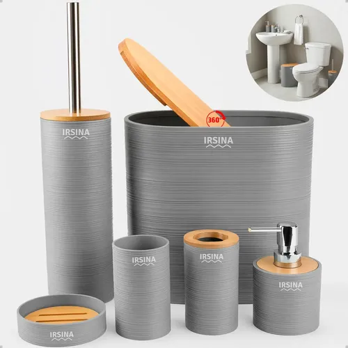 Kit Banheiro Completo Acessórios De Bambu Moderno Lixeira Com Tampa Escova Saboneteira Cor Cinza Irsina