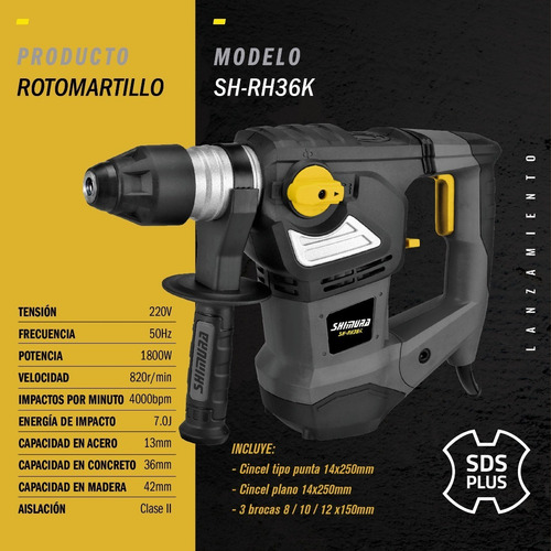 Rotomartillo 1800w 7 Joules Shimura Taladro Sds Plus Maletin