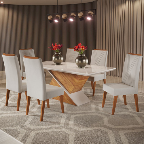 Mesa De Jantar 6 Lugares Stela Com Vidro Mel/marfim/off Pés Bege