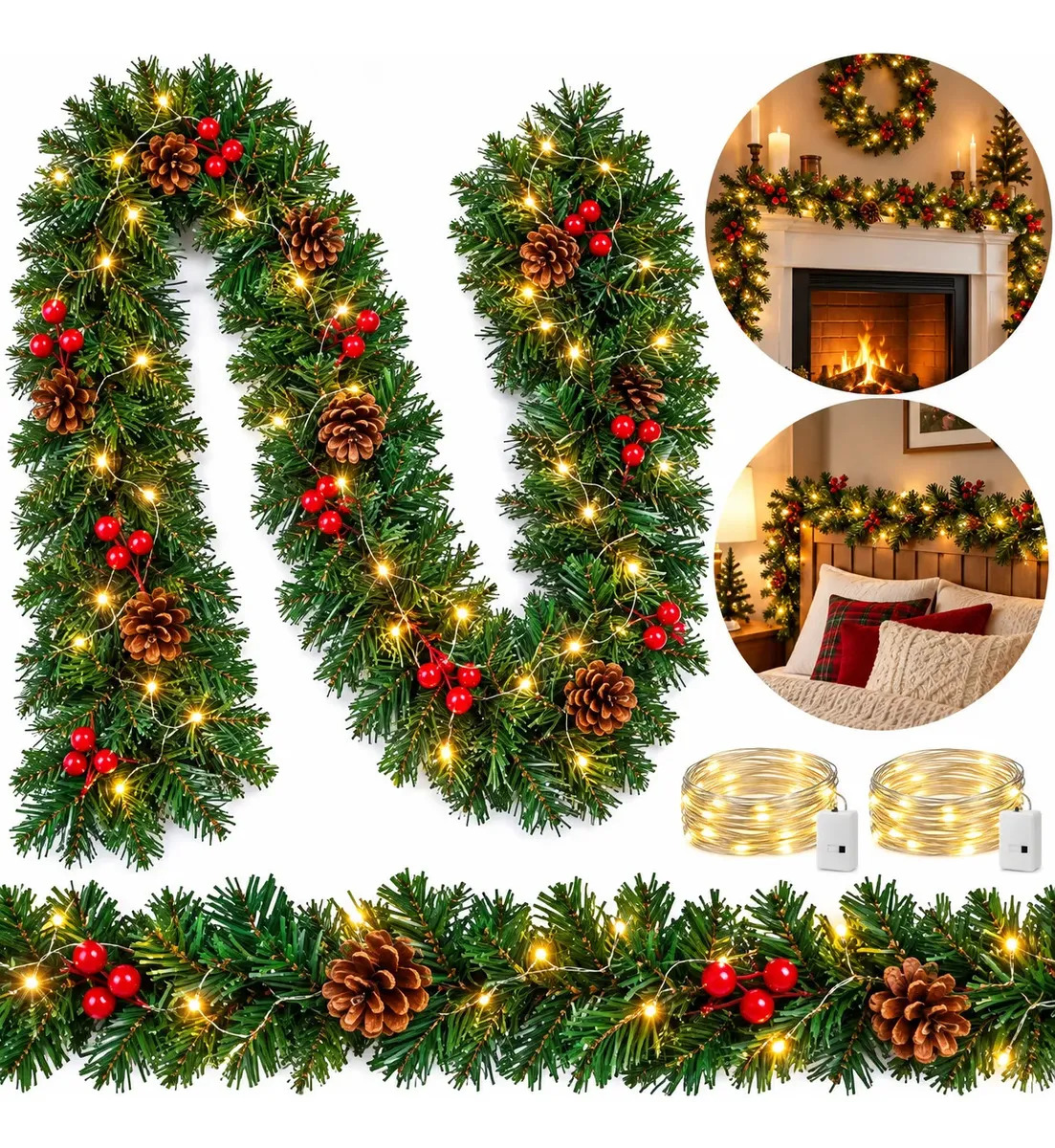 2.7m Guirnalda Navideña de PVC con 10 Piñas, 10 Adornos de Frutos Rojos, 180 Puntas y 2 Tiras de 30 Luces LED Cálidas para Puertas, Escaleras y Chimeneas LuzMascota