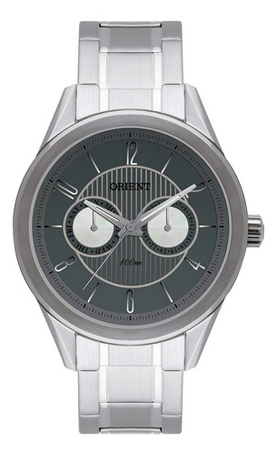 Relógio Orient Masculino Multifunção Aço Mbssm026 Correia Prata Bisel Prata Fundo Grafite