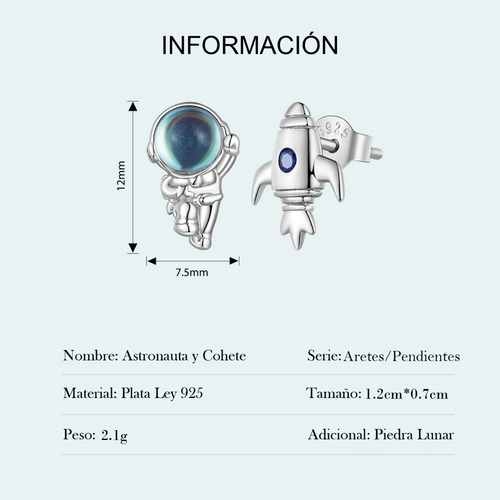 Aretes Asimétricos Astronauta Y Cohete Espacial Plata S925