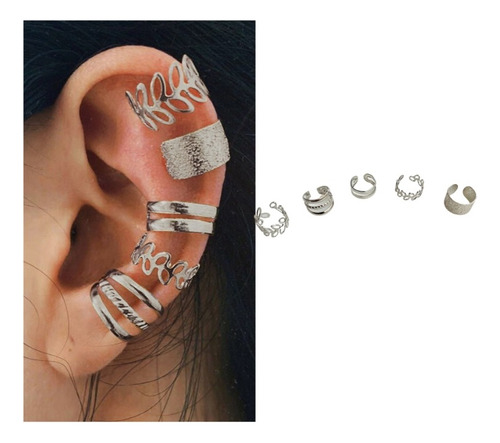 Aretes Mujer Solitario Set Ear Cuff Entre Hojas Plateado