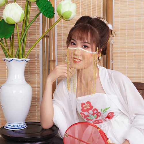 Velo Facial Único Con Cadena Hanfu Con Borlas Para La Oreja,