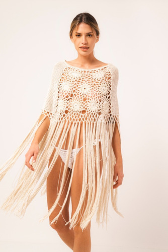 Imagen 1 de 4 de Poncho Crochet, Poncho Con Flecos, Poncho Fiesta, Poncho