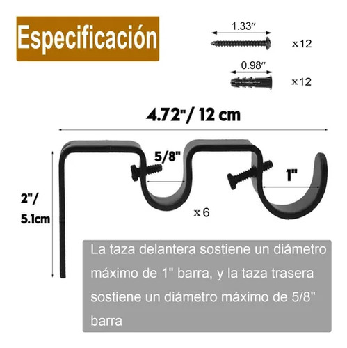 Soporte Cortinero Doble Tubo Para Pared,soporte Cortinas 6pz Color Negro