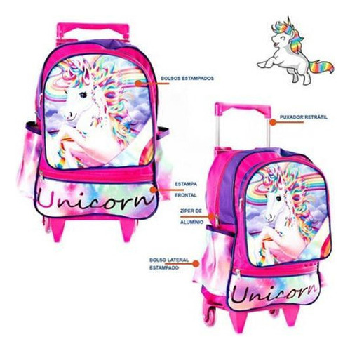 Mochila Escolar Infantil Unicórnio Com Rodinha