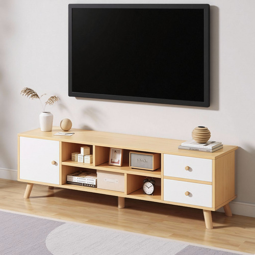 Mueble Para Tv Rack Modelo Estilo Vintage Mesa Con 3 Puertas Blanco Cálido + Color Roble Campestre