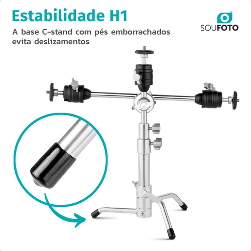 Mini Tripé De Inox TGF-053i Com Braço Articulado, Ball Head 360°, Base C-Stand Antiderrapante, Altura Ajustável 30cm a 53cm, Suporte Para Celular, Iluminação, Câmera e Microfone - Sou Foto