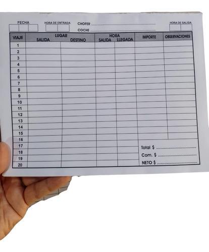 Planilla Para Remises - 10 Talonarios De 100 Hojas C/u