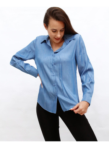 Camisa Simil Jean Para Mujer Con Boton Para Arremangar