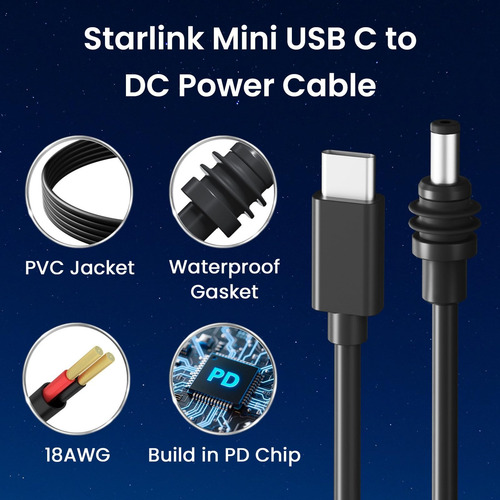 Cable De Alimentacion Usb-c Para Starlink Mini Impermebale
