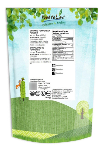 Polvo De Fenogreco Orgánico, 8 Onzas Sin Ogm, Crudo, Semil