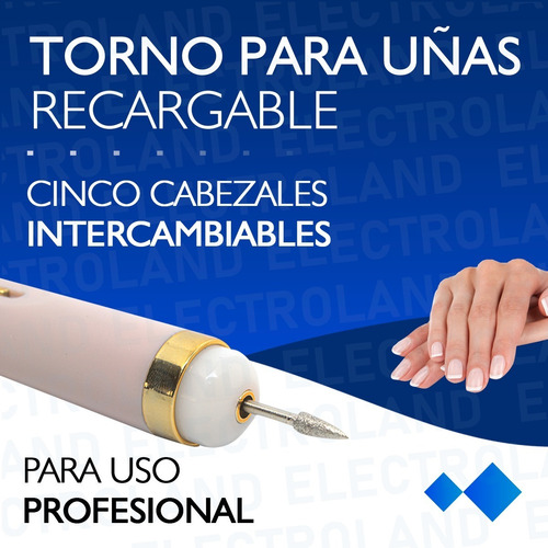 Imagen 3 de 10 de Mini Torno Profesional Uñas Luz Led Carga Usb 5 Cabezales