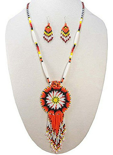 Collar Y Aretes De Estilo Indio Artesanal Naranja Y Negro.