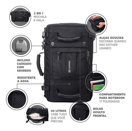 Mochila Mala 2 Em 1 Nordk Nomad Notebook 40l