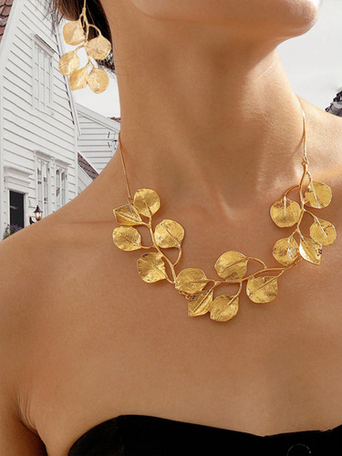 2 Piezas Collares Y Aretes Hoja De Aleación Chapado