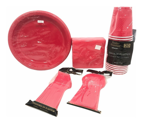 Kit Premium P 20 Desechables Color Rojo Plato Vaso Cubiertos