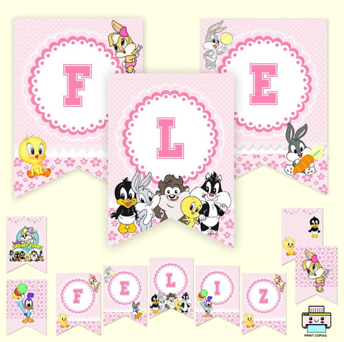 Banderines Cumpleaño Imprimible Personalizado Looney Tunes M