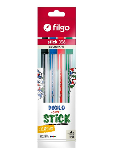 Bolígrafo Birome Filgo Stick 026 Pack X 4 Colores Trazo 1mm