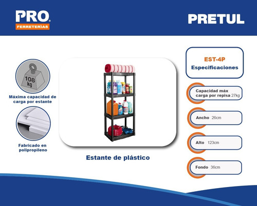 Estante Plástico, 4 Repisas, Pretul 25075