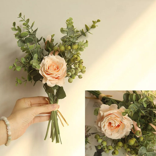. Buquê De Rosas Artificiais Com Folhas Para Casamentos
